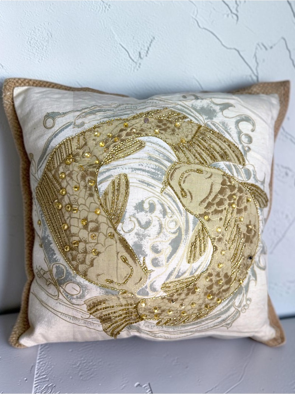 Pier 1 Imports Beaded Koi Fish Decorative Throw Pillow 18x18 Cream Gold Multi